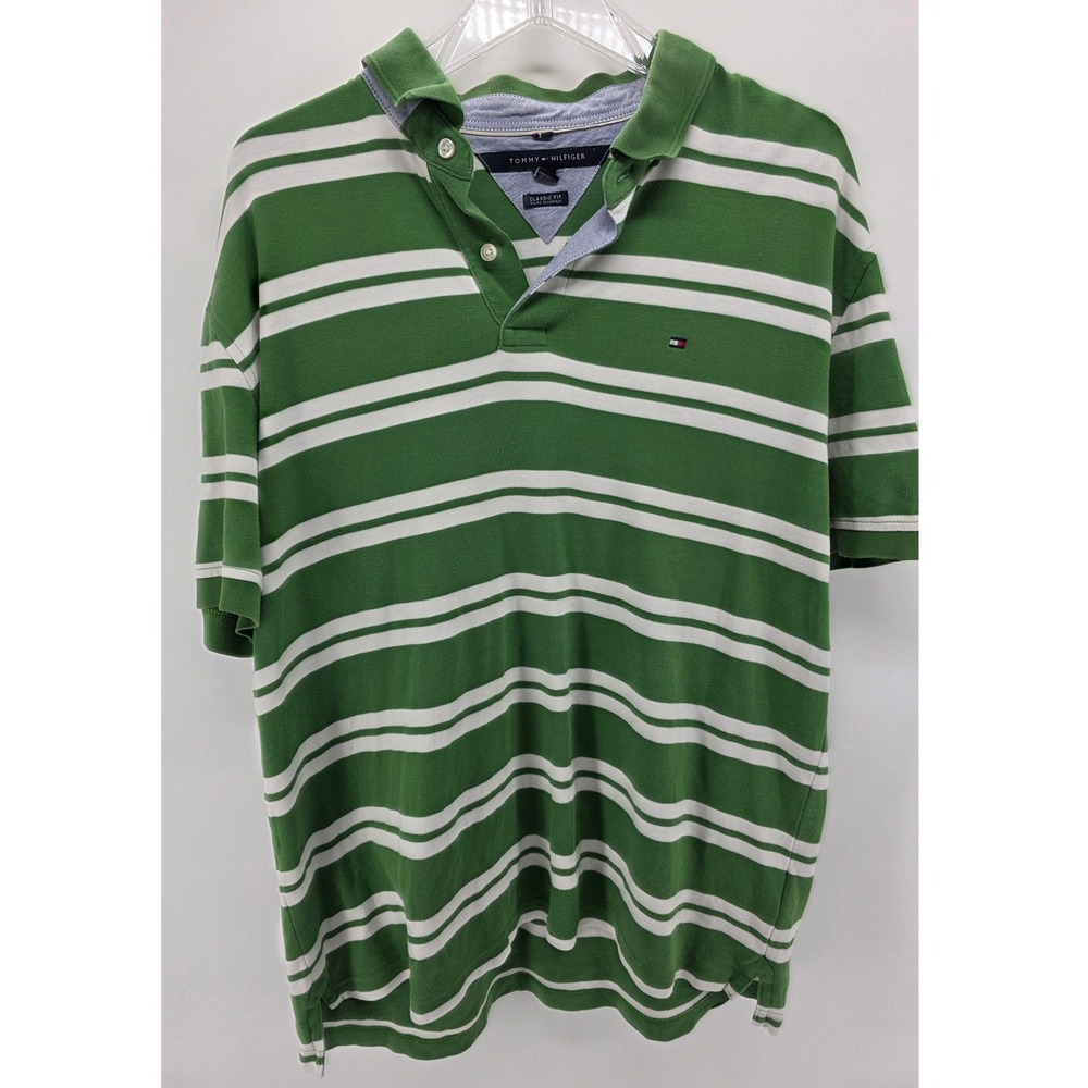 Tommy Hilfiger Polo Shirt Mens‎ XL Green White Striped Classic Fit Short Sleeve